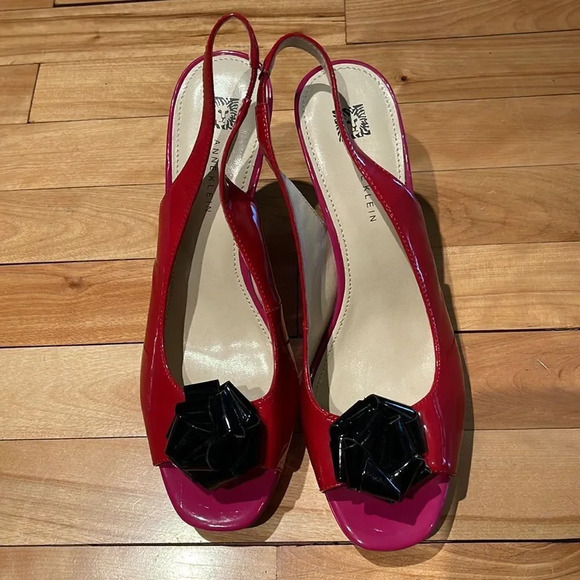 Anne Klein patent faux leather red/pink/black colorblock sling back heels. Sz 9 - Picture 2 of 7
